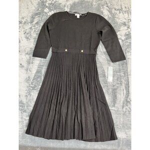 London Times Black Pleated Midi Dress Gold Button Detail 3/4 Sleeve Size M
